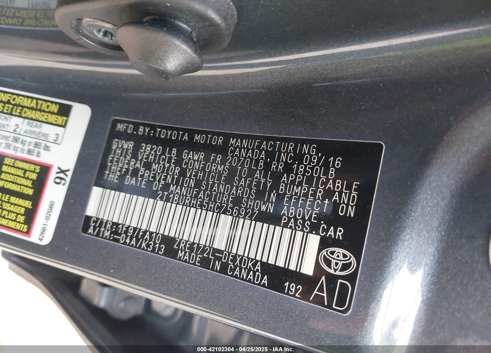 2017 TOYOTA COROLLA VIN: 2T1BURHE5HC756927