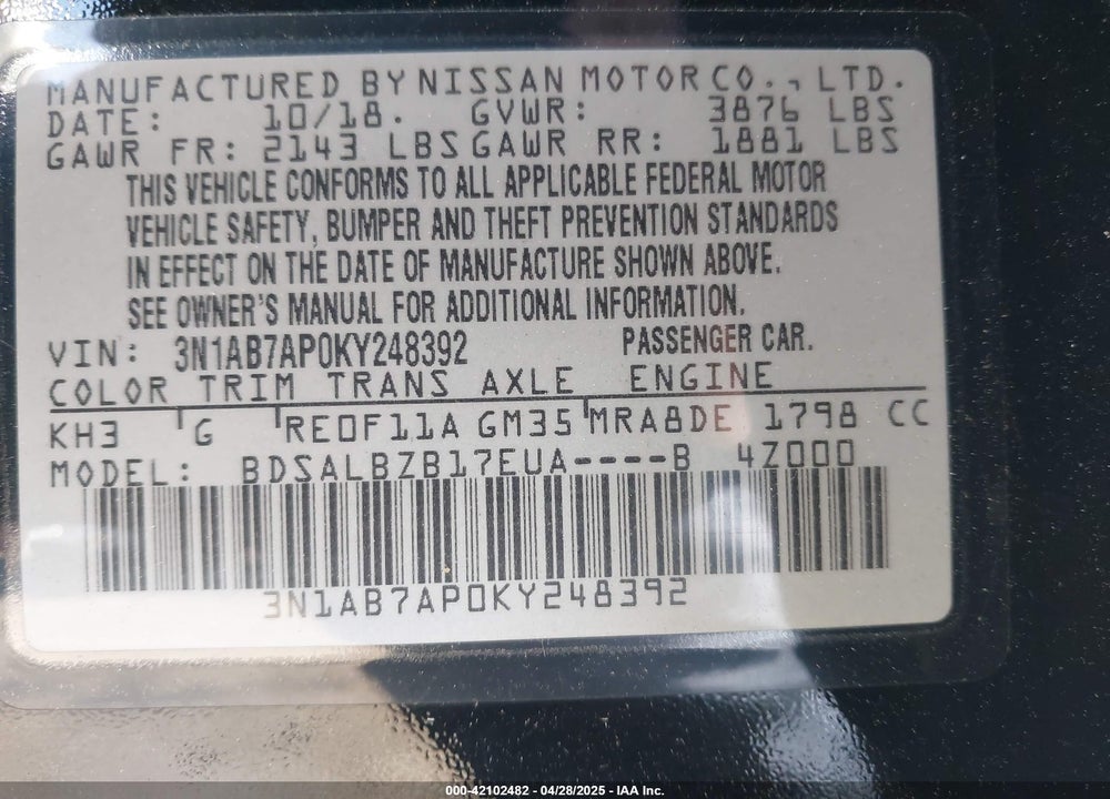 2019 NISSAN SENTRA S VIN: 3N1AB7AP0KY248392