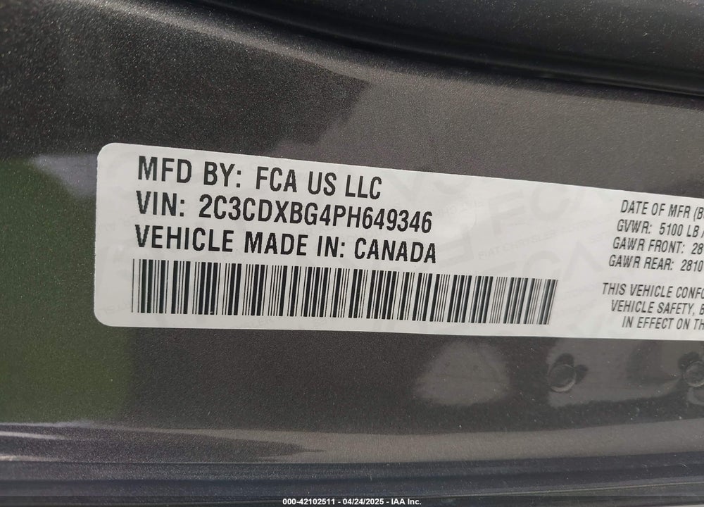 2023 DODGE CHARGER VIN: 2C3CDXBG4PH649346