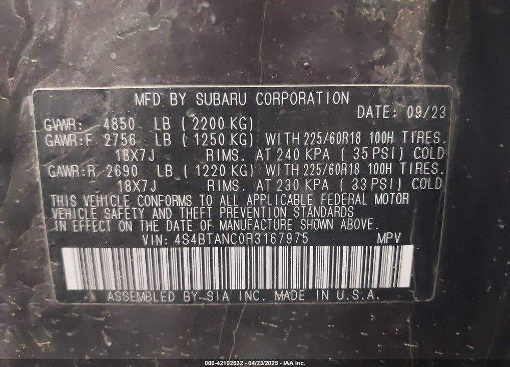 2024 SUBARU OUTBACK LIMITED VIN: 4S4BTANC0R3167975
