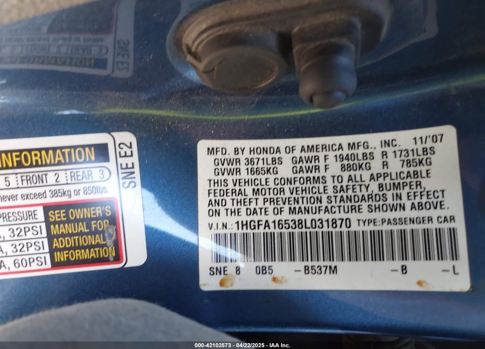 2008 HONDA CIVIC LX VIN: 1HGFA16538L031870