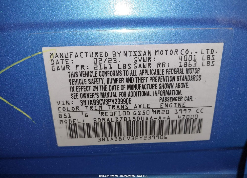 2023 NISSAN SENTRA VIN: 3N1AB8CV3PY239906