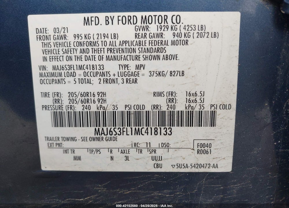 2021 FORD ECOSPORT S VIN: MAJ6S3FL1MC418133