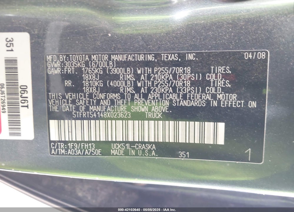 2008 TOYOTA TUNDRA BASE 4.7L V8 VIN: 5TFRT54148X023623