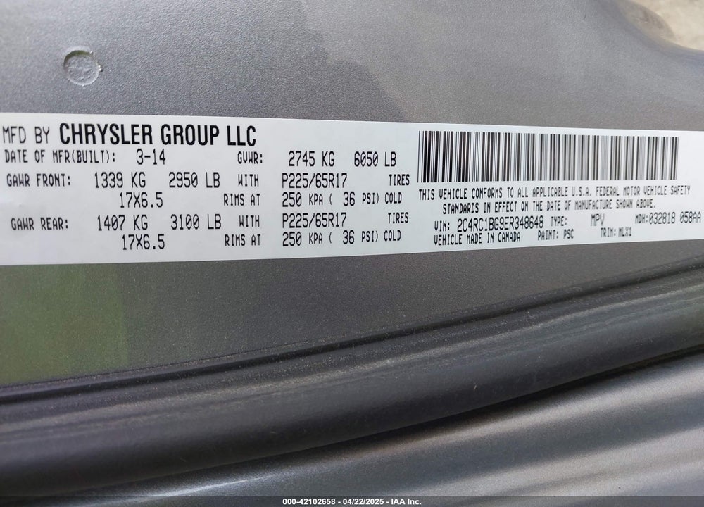 2014 CHRYSLER TOWN & COUNTRY TOURING VIN: 2C4RC1BG9ER348648