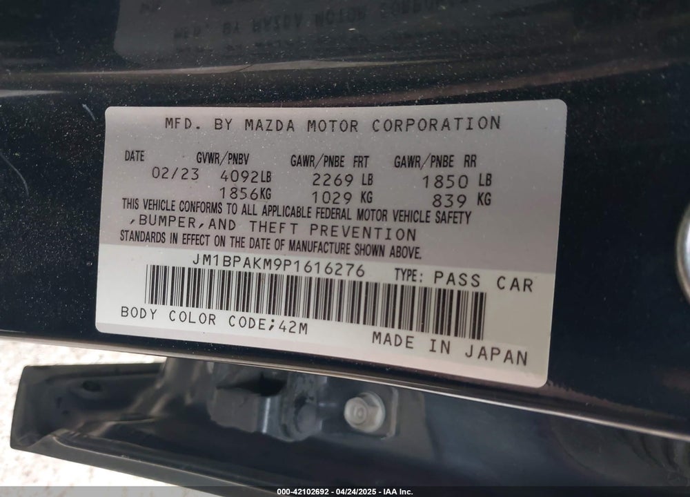 2023 MAZDA 3 VIN: JM1BPAKM9P1616276