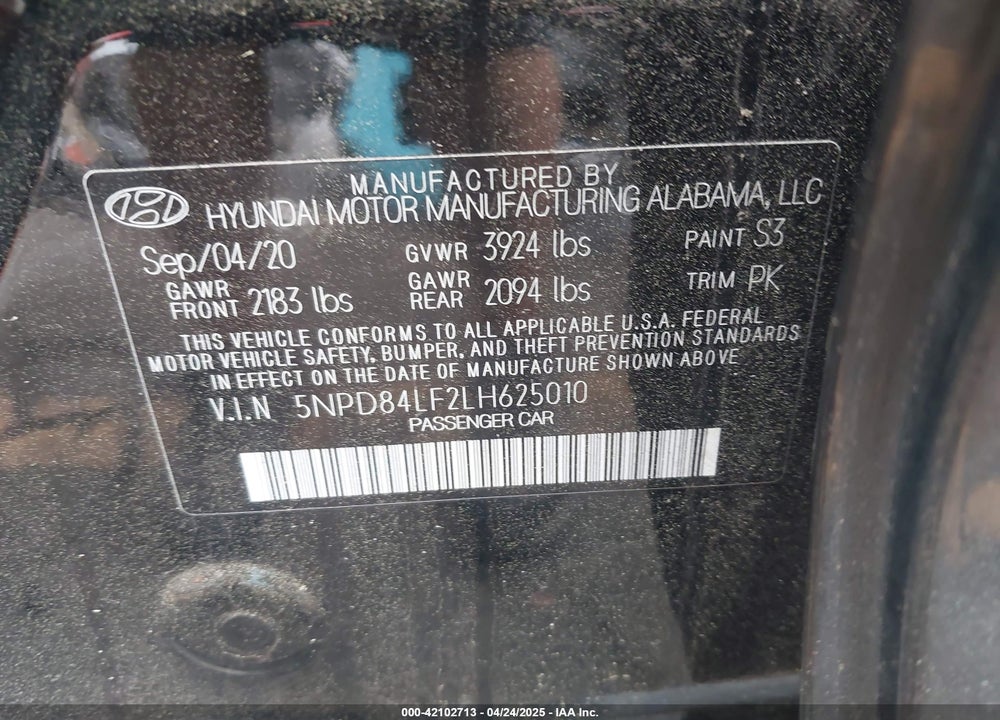 2020 HYUNDAI ELANTRA VIN: 5NPD84LF2LH625010