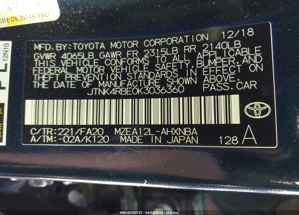 2019 TOYOTA COROLLA VIN: JTNK4RBE0K3036360