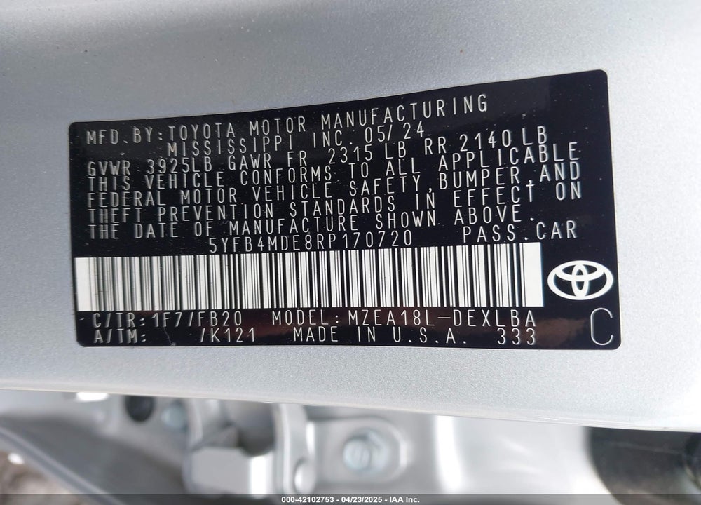 2024 TOYOTA COROLLA VIN: 5YFB4MDE8RP170720