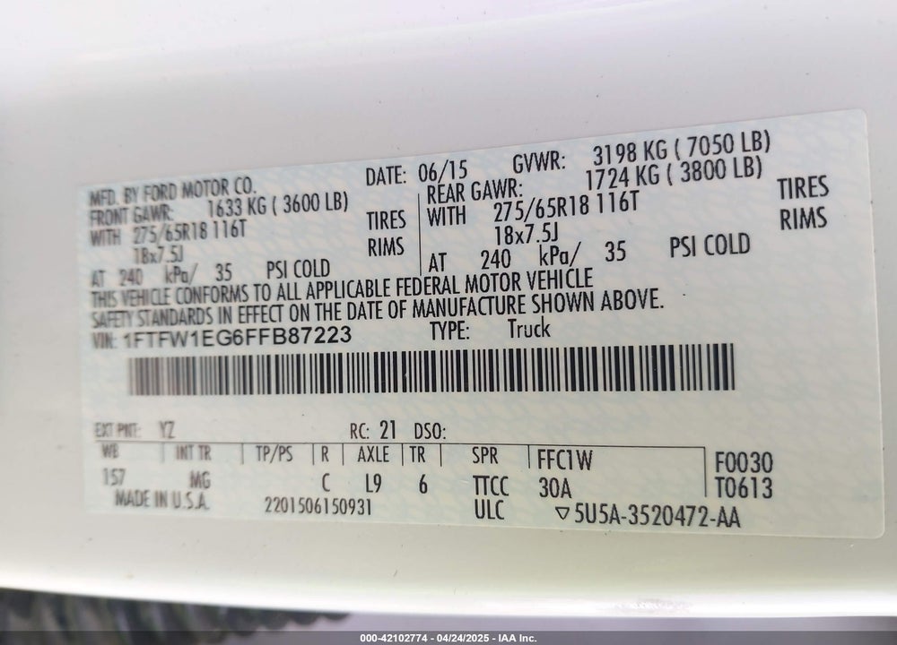 2015 FORD F150 VIN: 1FTFW1EG6FFB87223