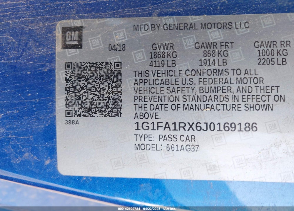 2018 CHEVROLET CAMARO VIN: 1G1FA1RX6J0169186