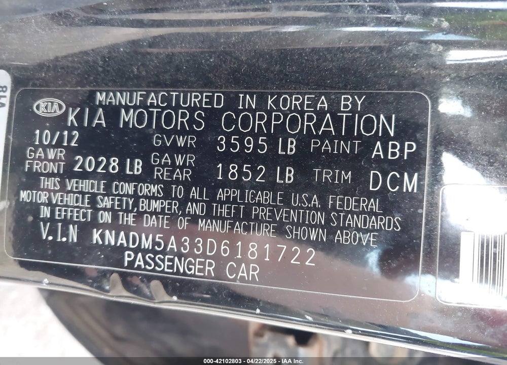 2013 KIA RIO LX VIN: KNADM5A33D6181722