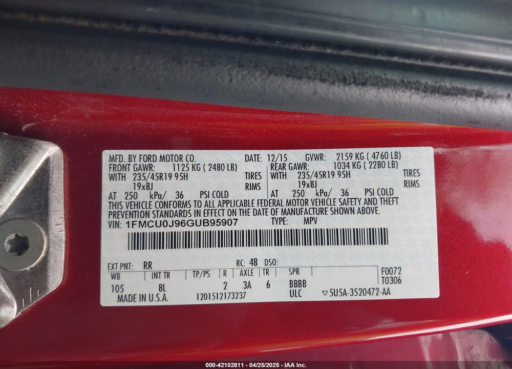 2016 FORD ESCAPE VIN: 1FMCU0J96GUB95907