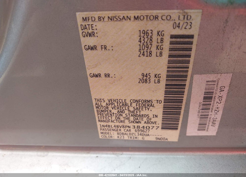 2023 NISSAN ALTIMA VIN: 1N4BL4BV8PN384077
