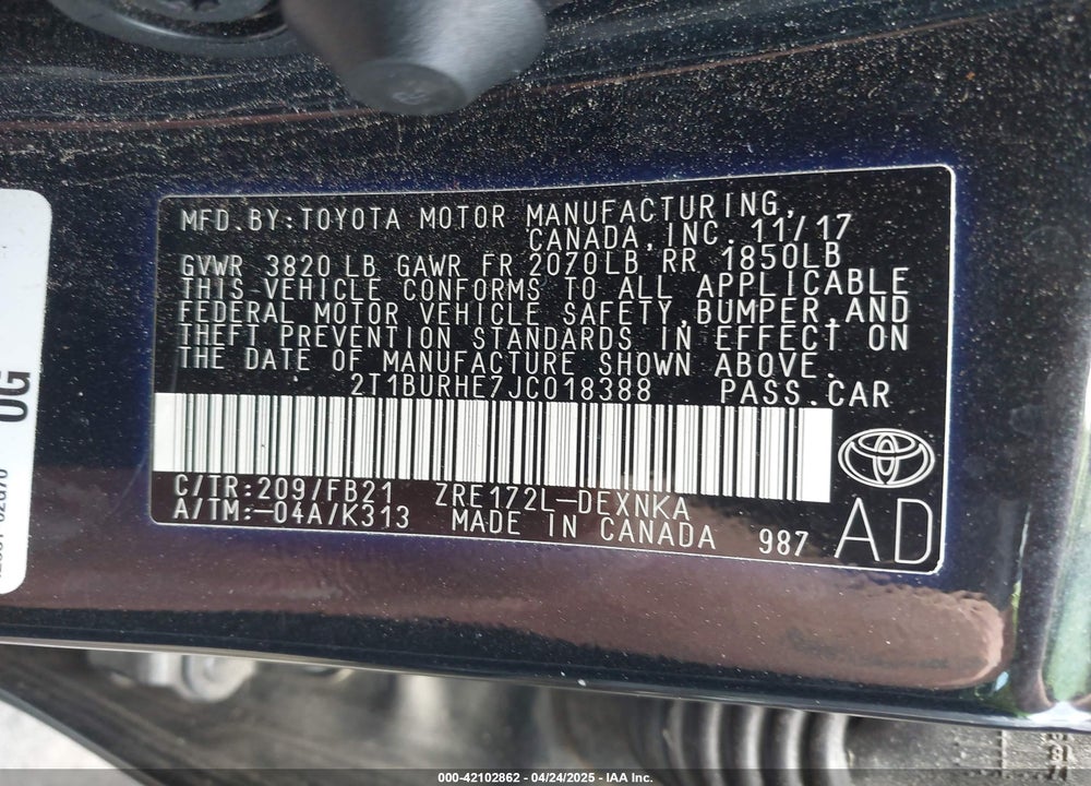 2018 TOYOTA COROLLA VIN: 2T1BURHE7JC018388