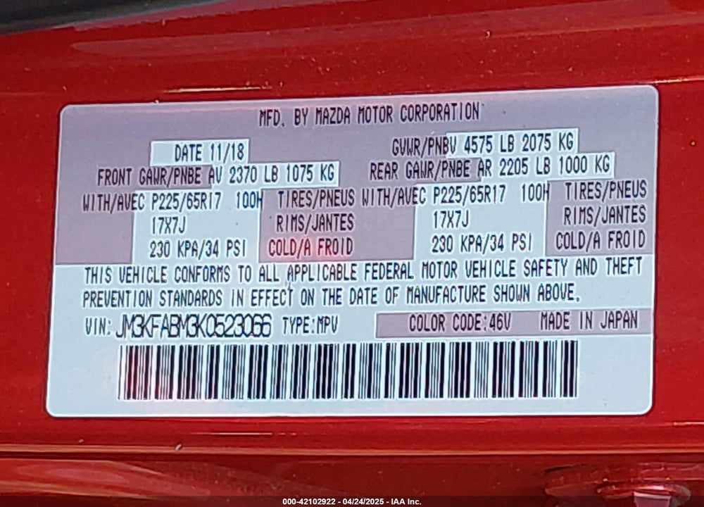 2019 MAZDA CX-5 SPORT VIN: JM3KFABM3K0523066