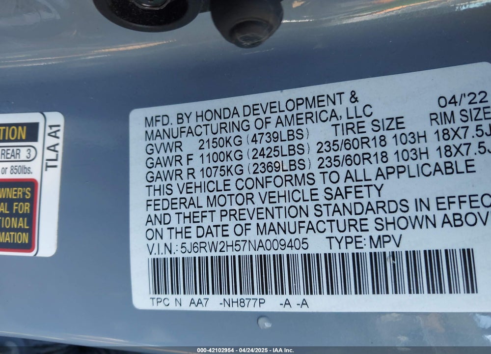 2022 HONDA CR-V VIN: 5J6RW2H57NA009405