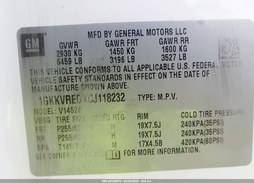 2012 GMC ACADIA VIN: 1GKKVREDXCJ118232
