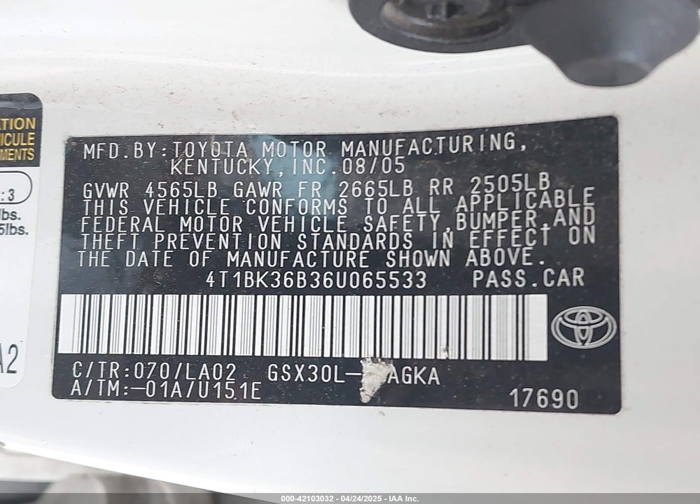 2006 TOYOTA AVALON VIN: 4T1BK36B36U065533