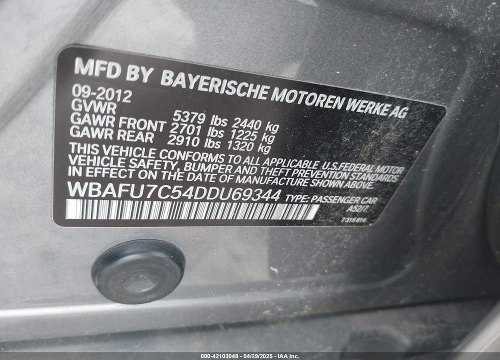 2013 BMW 535I VIN: WBAFU7C54DDU69344