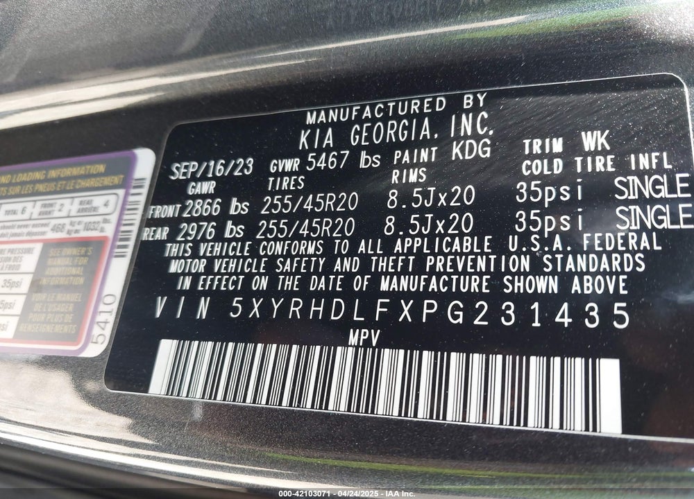 2023 KIA SORENTO VIN: 5XYRHDLFXPG231435