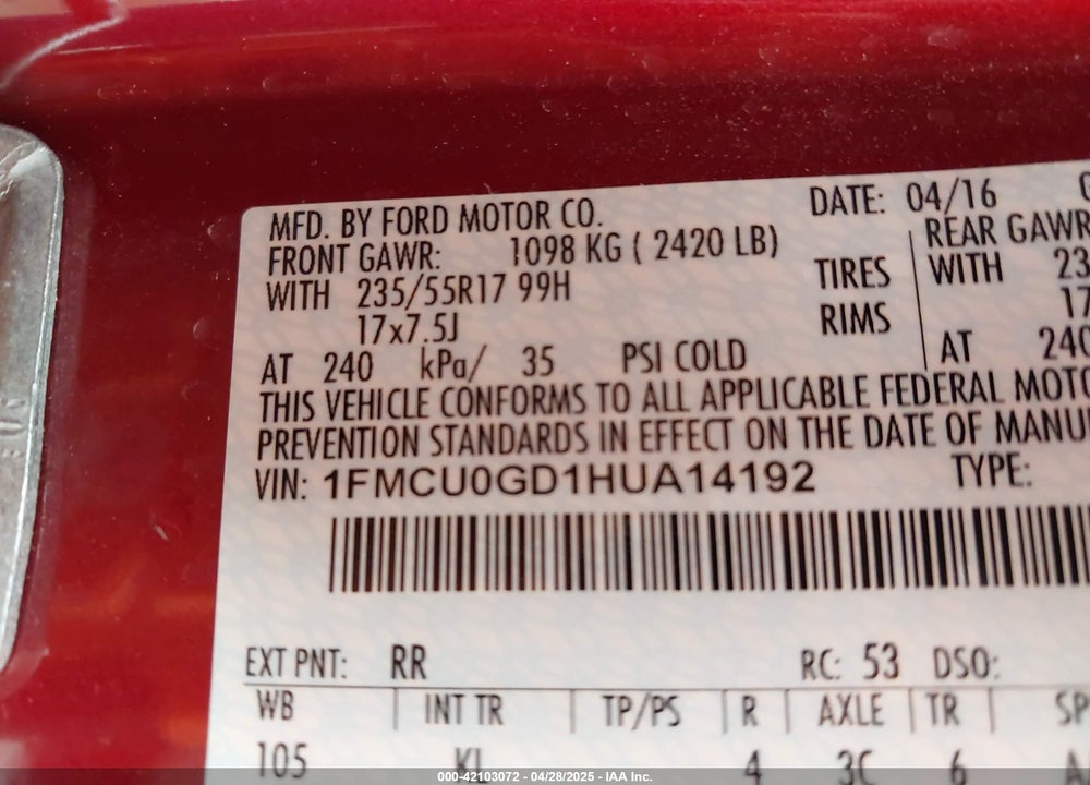 2017 FORD ESCAPE VIN: 1FMCU0GD1HUA14192