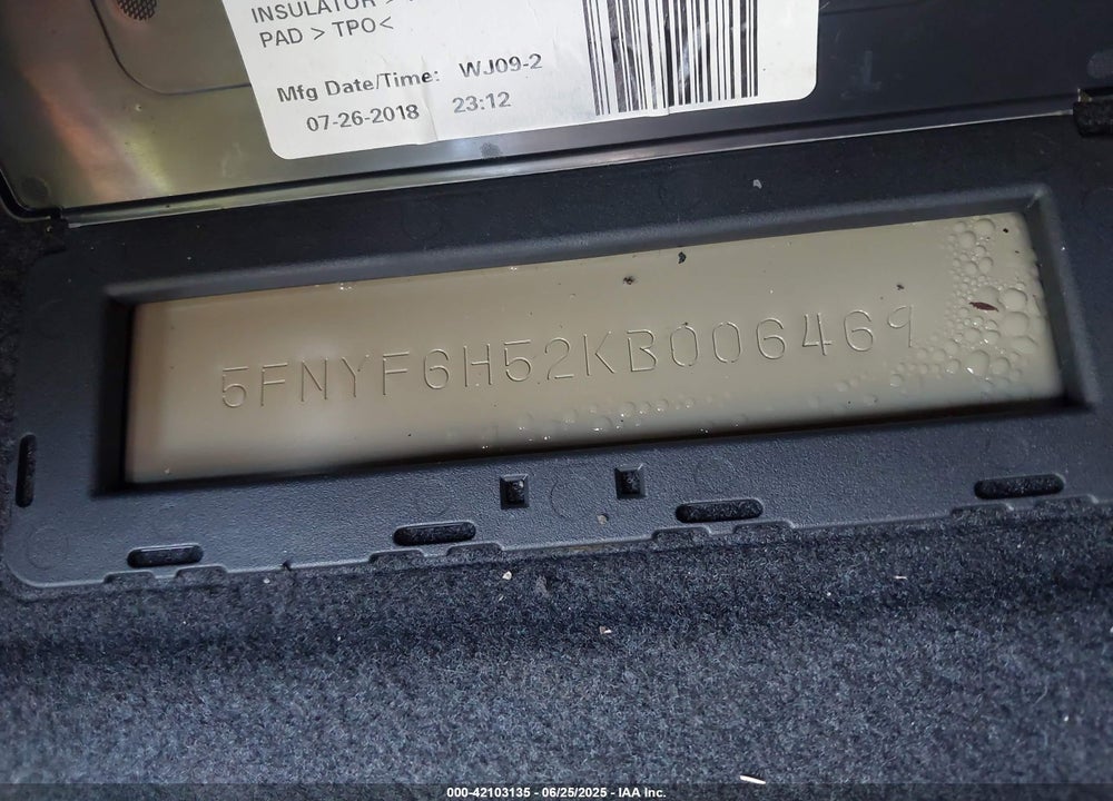 2019 HONDA PILOT VIN: 5FNYF6H52KB006469