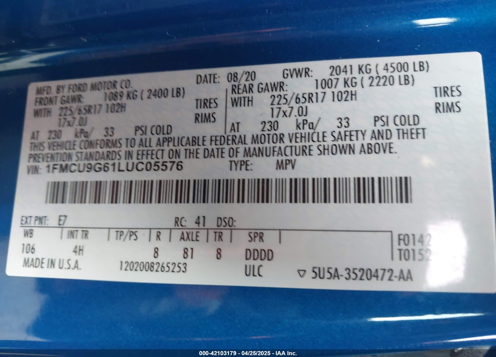 2020 FORD ESCAPE SE VIN: 1FMCU9G61LUC05576