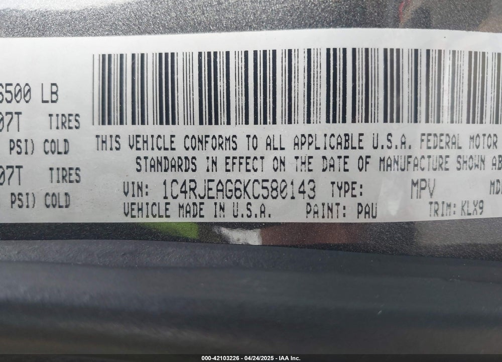 2019 JEEP GRAND CHEROKEE VIN: 1C4RJEAG6KC580143
