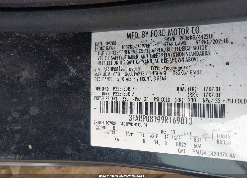 2009 FORD FUSION SEL VIN: 3FAHP08199R169013
