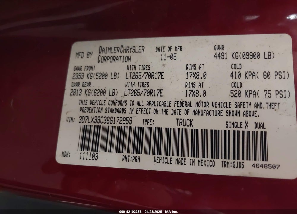 2006 DODGE RAM 3500 VIN: 3D7LX39C36G172959