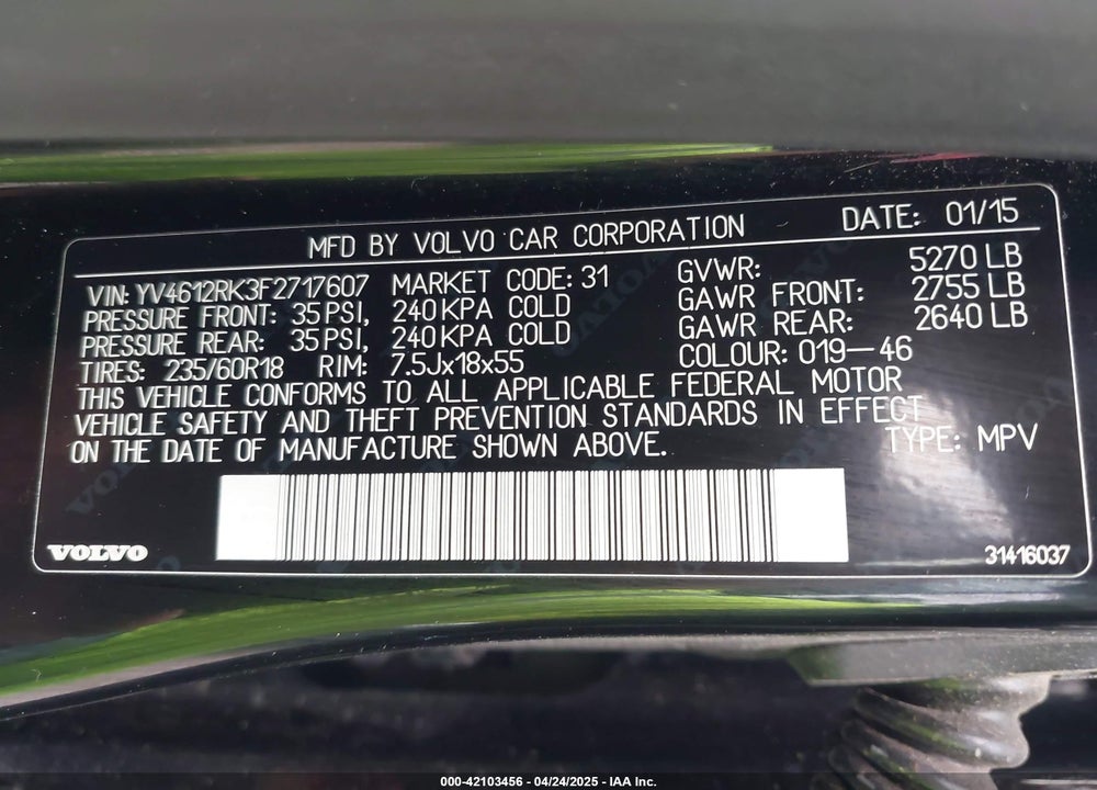 2015 VOLVO XC60 VIN: YV4612RK3F2717607