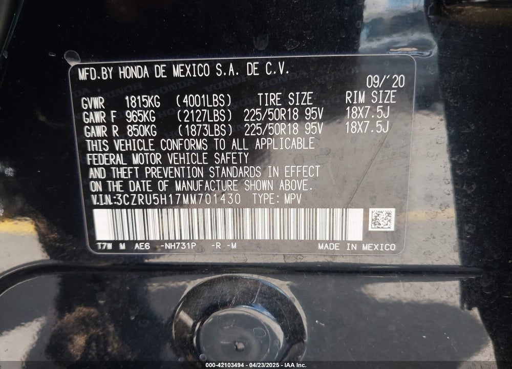 2021 HONDA HR-V 2WD SPORT VIN: 3CZRU5H17MM701430