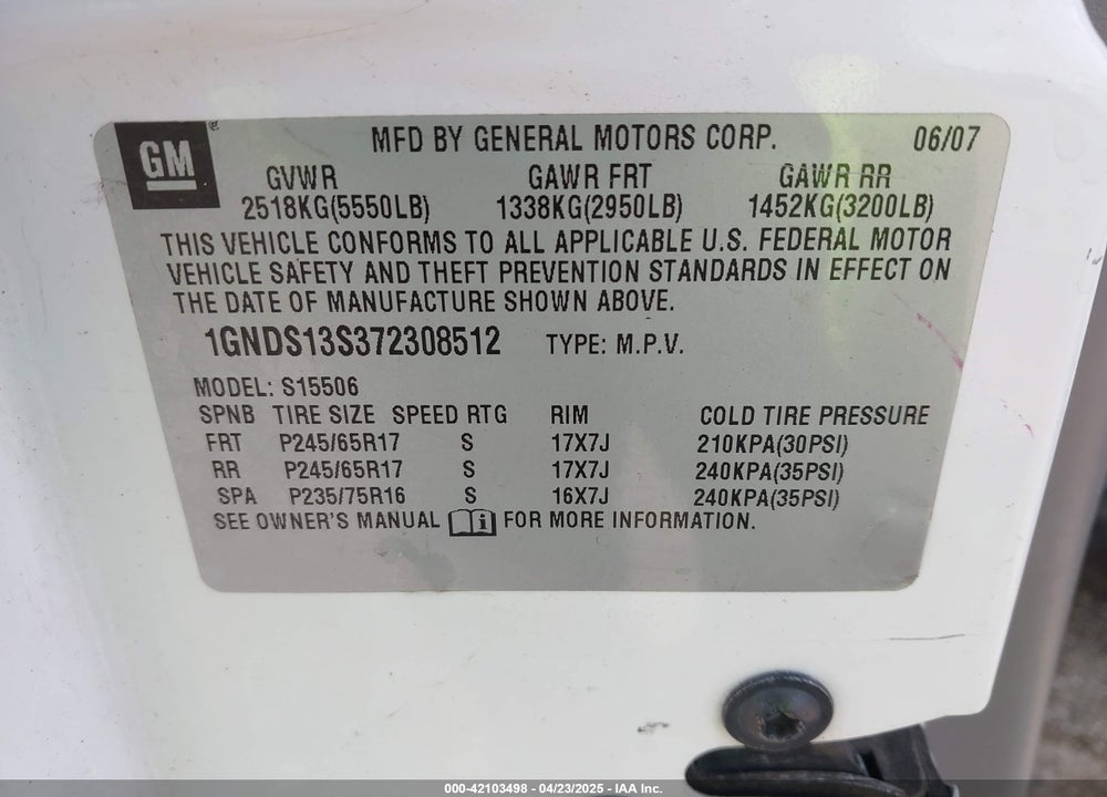 2007 CHEVROLET TRAILBLAZER LS VIN: 1GNDS13S372308512