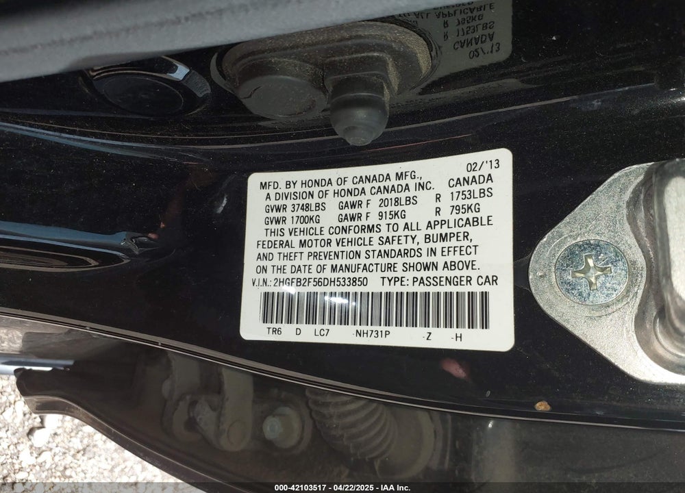 2013 HONDA CIVIC LX VIN: 2HGFB2F56DH533850