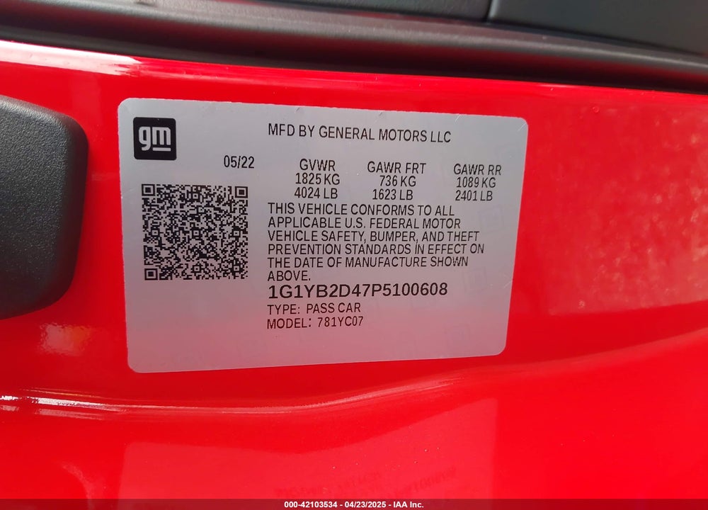 2023 CHEVROLET CORVETTE VIN: 1G1YB2D47P5100608