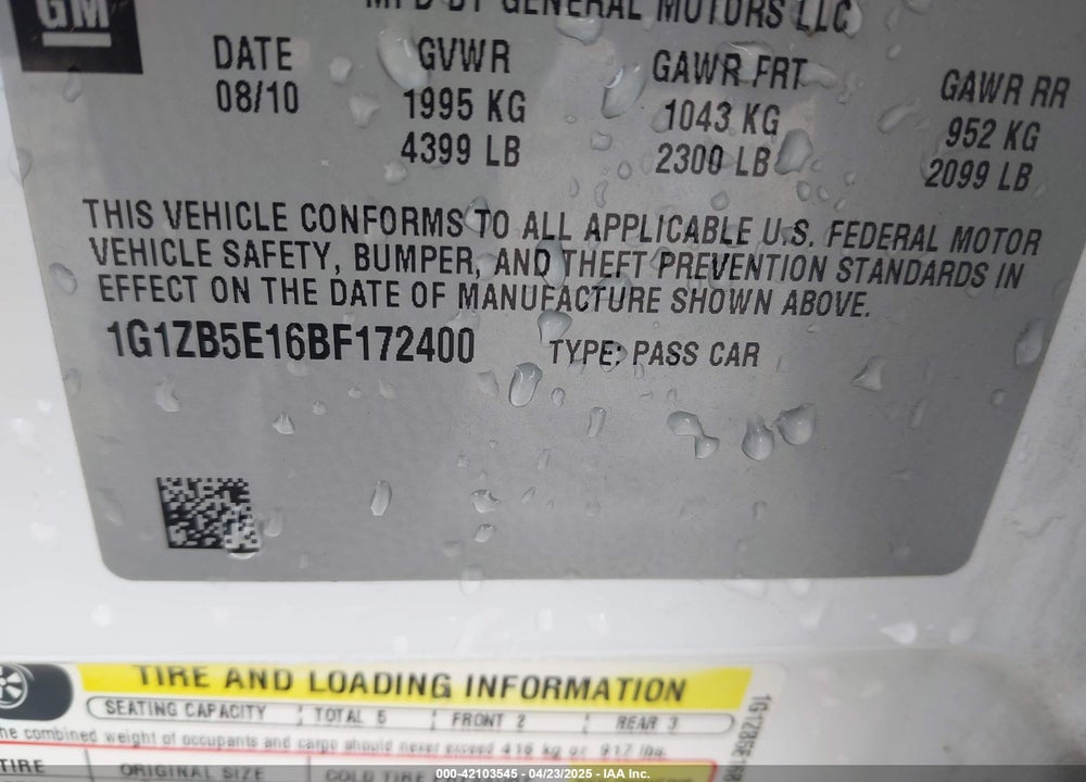 2011 CHEVROLET MALIBU LS VIN: 1G1ZB5E16BF172400