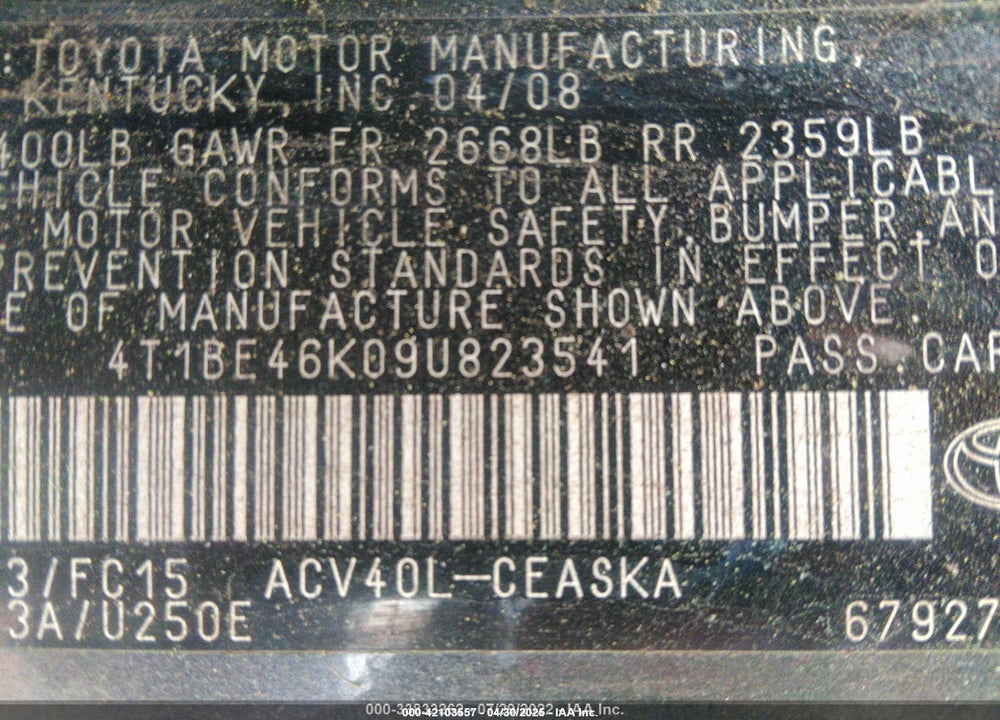 2009 TOYOTA CAMRY VIN: 4T1BE46K09U823541