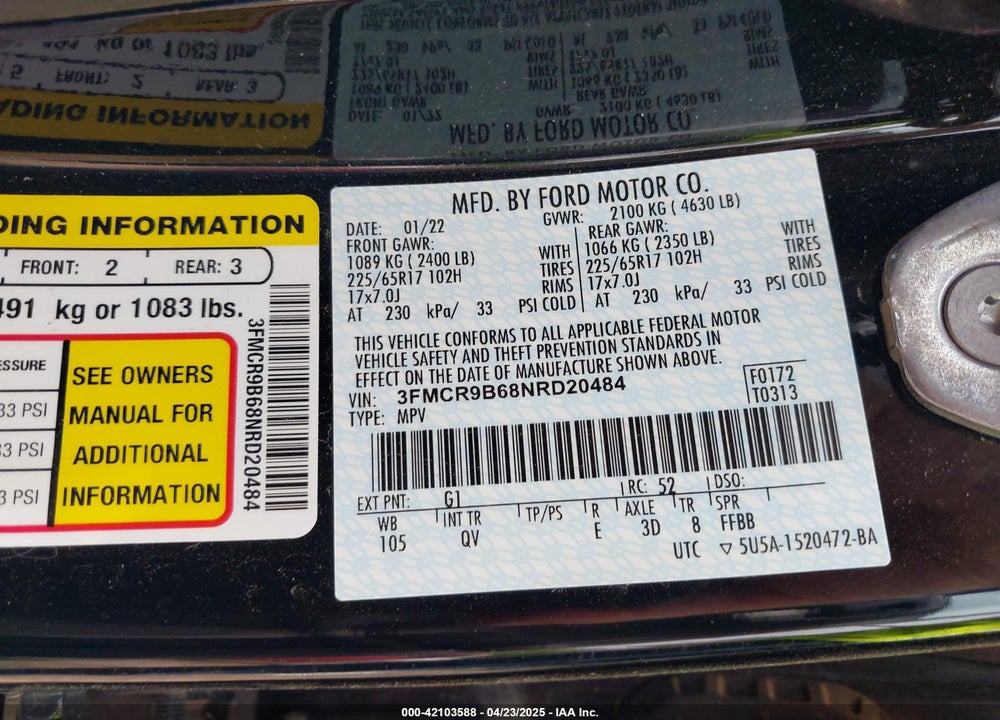 2022 FORD BRONCO SPORT BIG BEND VIN: 3FMCR9B68NRD20484