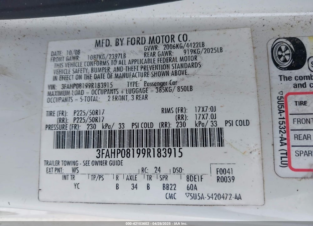 2009 FORD FUSION VIN: 3FAHP08199R183915