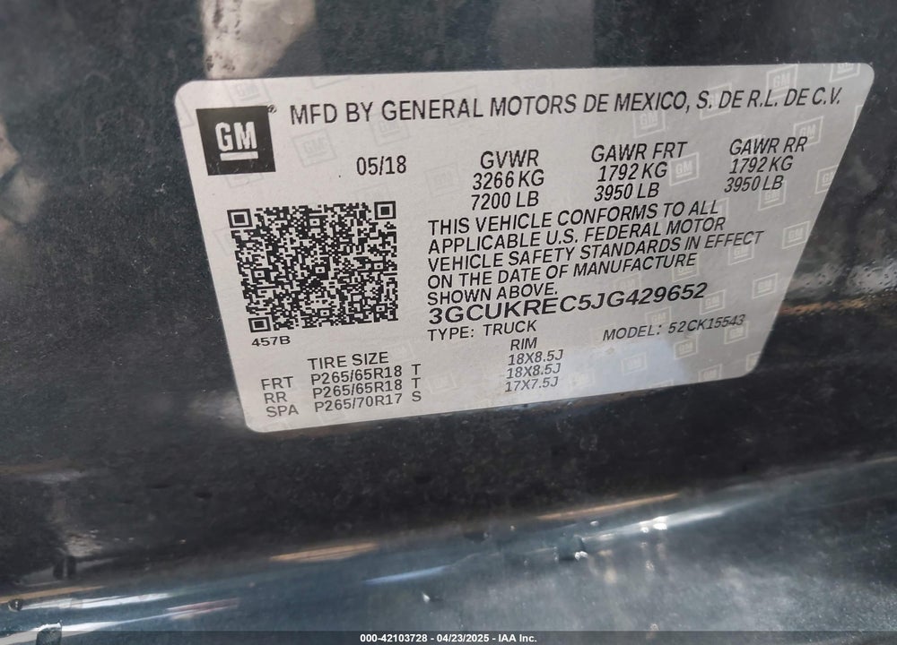2018 CHEVROLET SILVERADO VIN: 3GCUKREC5JG429652