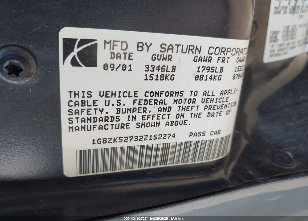 2002 SATURN S-SERIES SL2 VIN: 1G8ZK52732Z152274