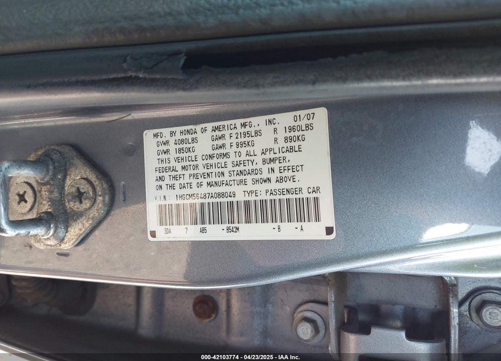 2007 HONDA ACCORD VIN: 1HGCM56487A088049