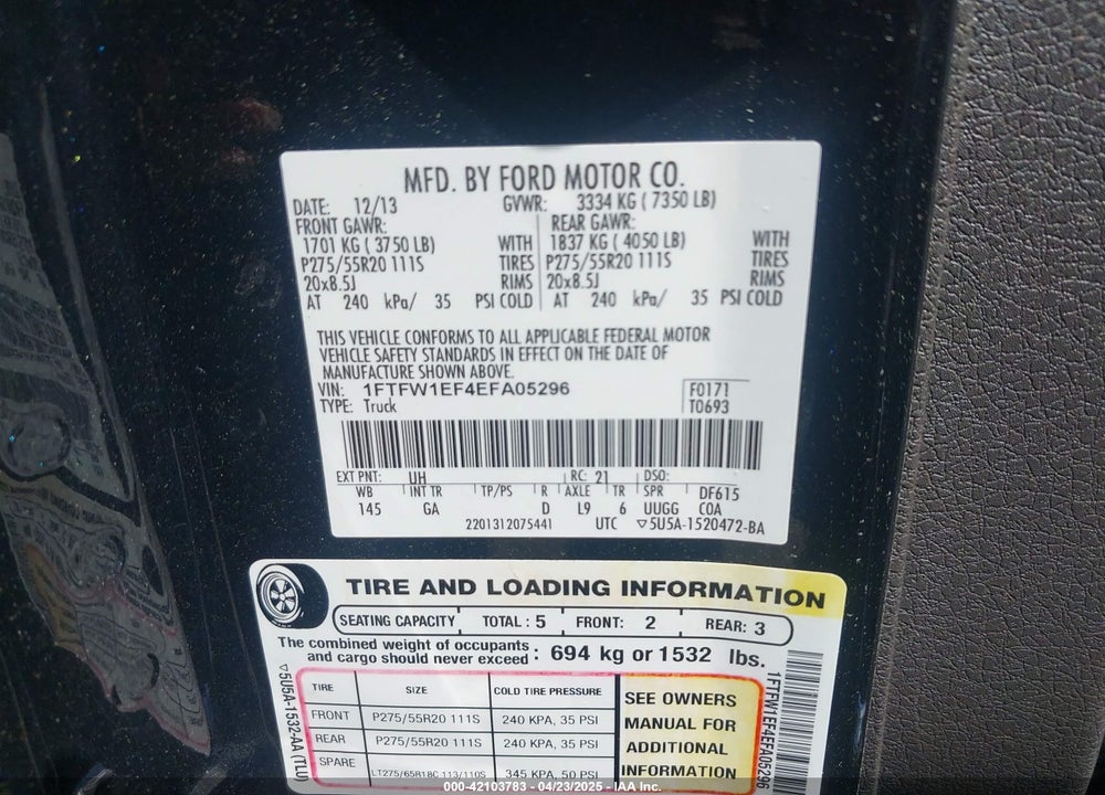 2014 FORD F-150 VIN: 1FTFW1EF4EFA05296