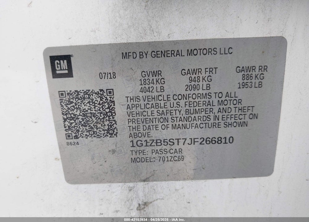 2018 CHEVROLET MALIBU VIN: 1G1ZB5ST7JF266810