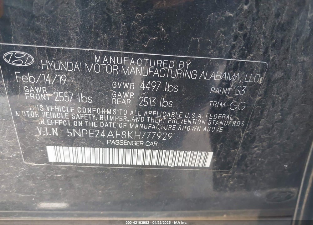 2019 HYUNDAI SONATA VIN: 5NPE24AF8KH777929