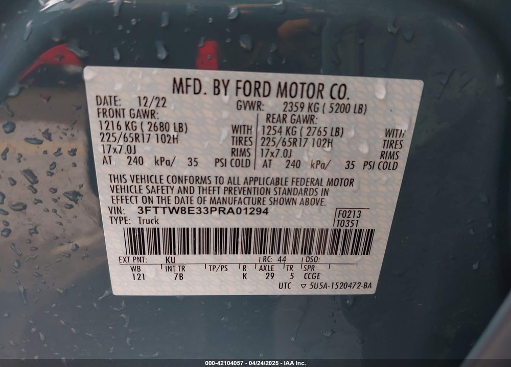 2023 FORD MAVERICK XLT VIN: 3FTTW8E33PRA01294