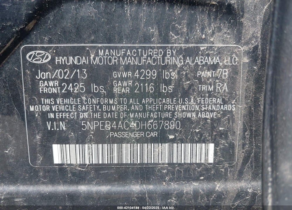 2013 HYUNDAI SONATA VIN: 5NPEB4AC4DH667890