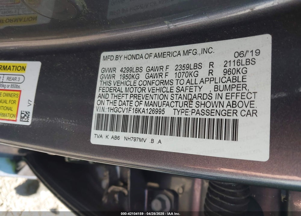 2019 HONDA ACCORD VIN: 1HGCV1F16KA126995