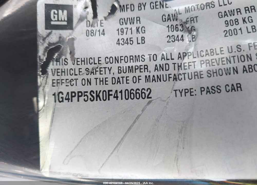 2015 BUICK VERANO VIN: 1G4PP5SK0F4106662